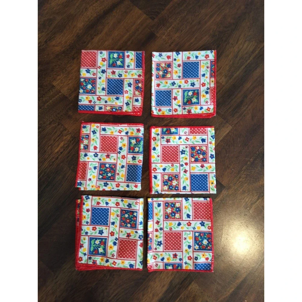 Vintage Quilted Coaster Rugs and Napkin Red Blue Floral Polka Dot Patchwork GVC